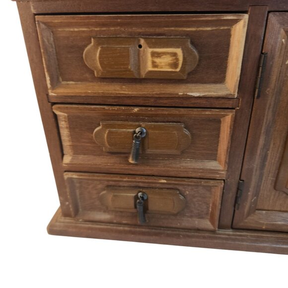 Vintage Wooden Jewelry Box Storage Chest With Drawers & Cabinet 18"L x 7"H - Picture 3 of 16